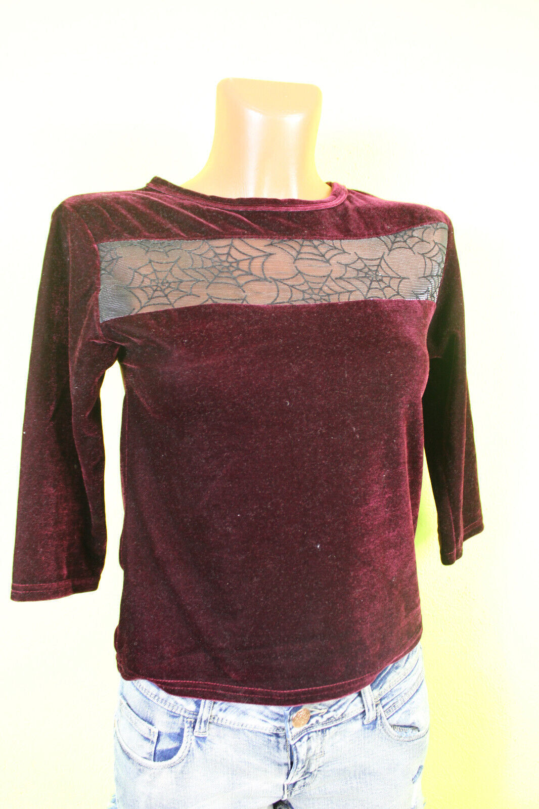 Box#42 Smooche Shirt S 36 halbarm weinrot rot Samtshirt mit Spitze Damen Samt