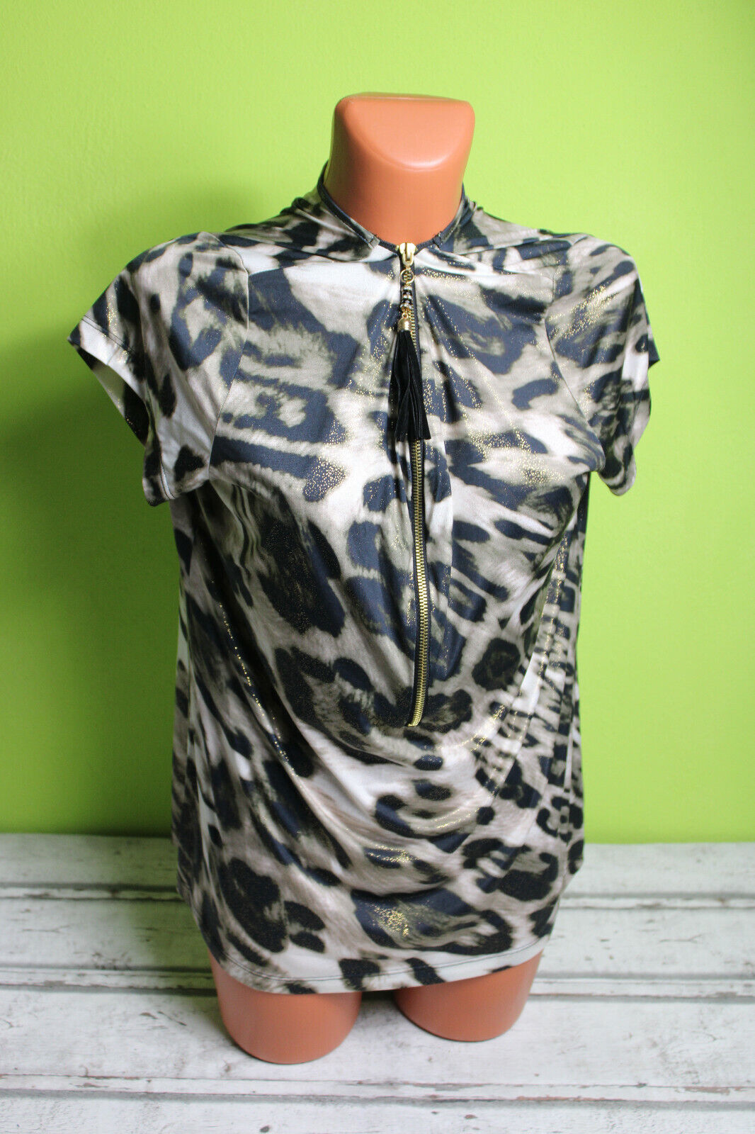 Box#57 Amy Vermont Blusenshirt M 40 kurzarm Bluse Tierfellmuster Glitzer Tunika