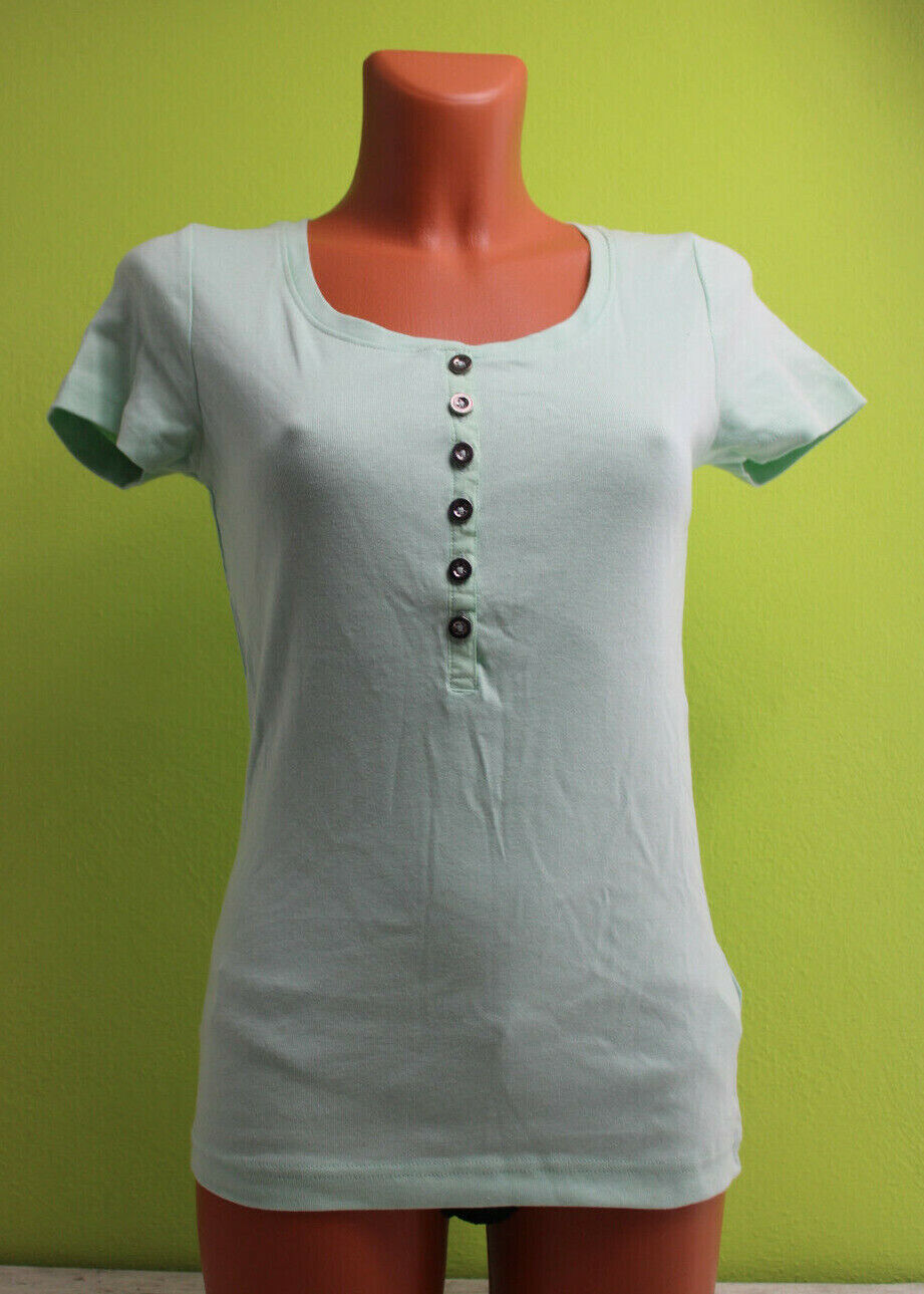 Box#71 bpc Shirt grün XS 32/34 T-Shirt langes Damenshirt Damen kurzarm Knöpfe