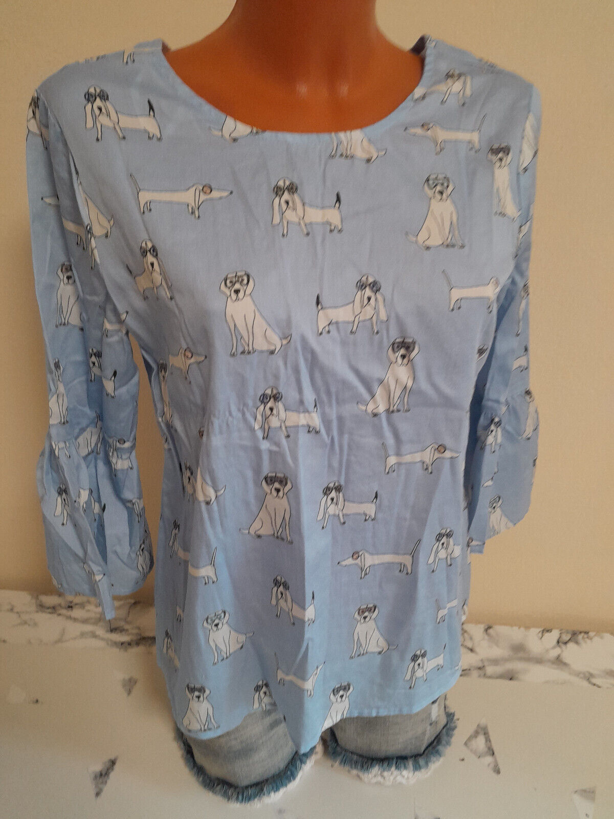 Box#88 estelle jolie Blusenshirt M 38 3/4-Arm Shirt Bluse blau Damen Hunde Hund
