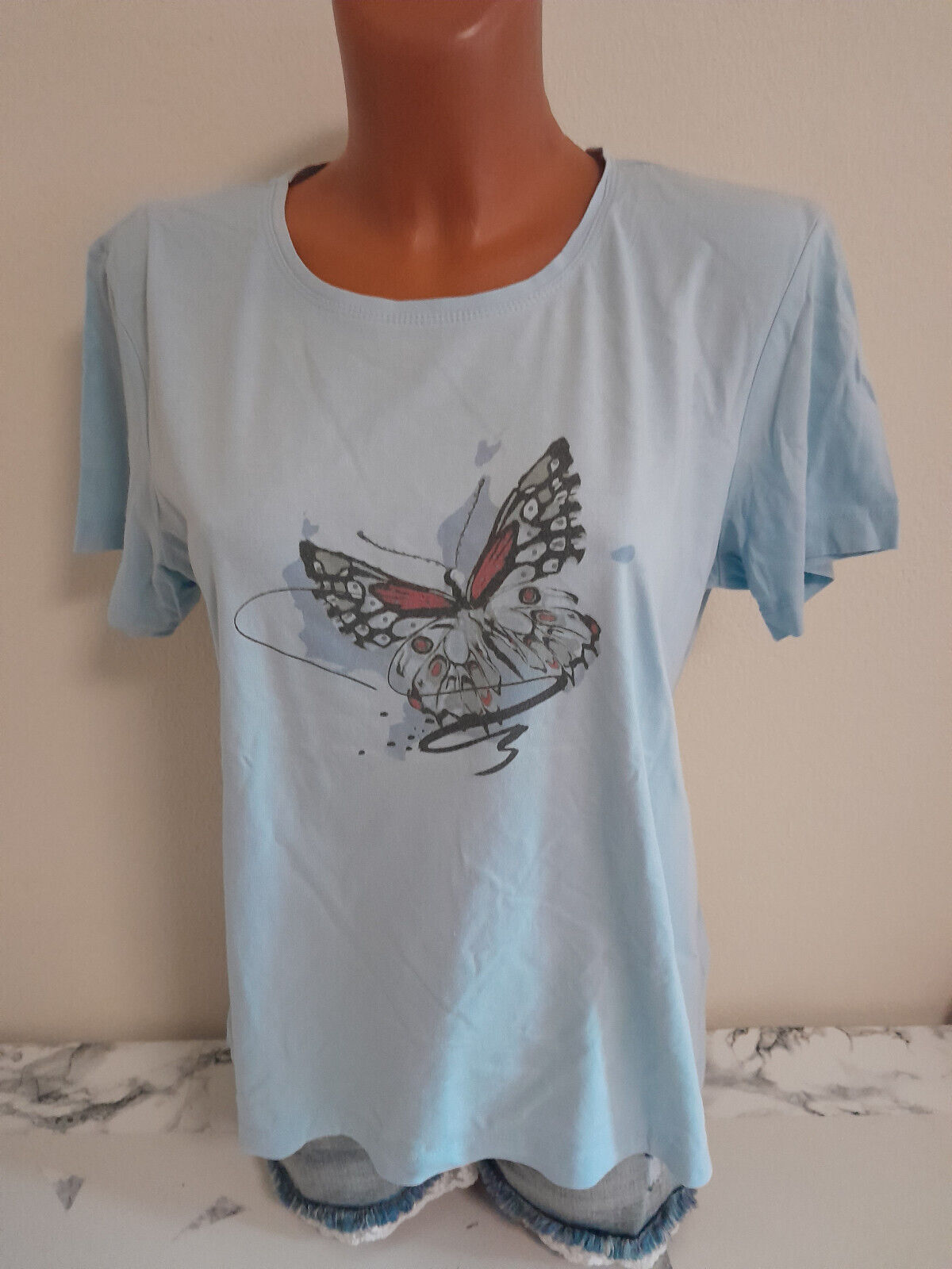 Montego Shirt XL 42/44 T-Shirt blau kurzarm Damen Schmetterling Kurzamshirt