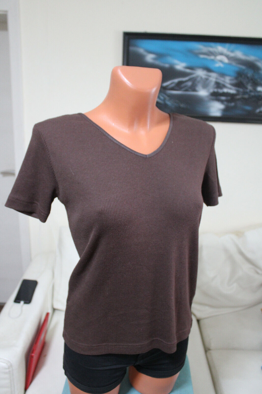 Rippshirt Top Shirt XS 34/36 braun kurzarm Basic gerippt T-Shirt Kurzarmshirt