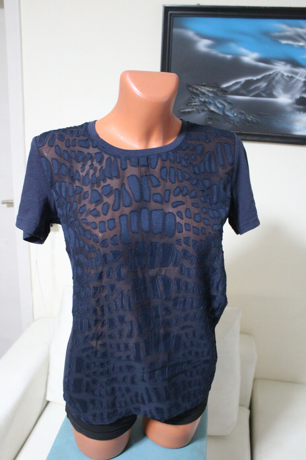 T-Shirt blau S 36/38 Kurzarmshirt kurzarm durchsichtig Damenshirt Damen
