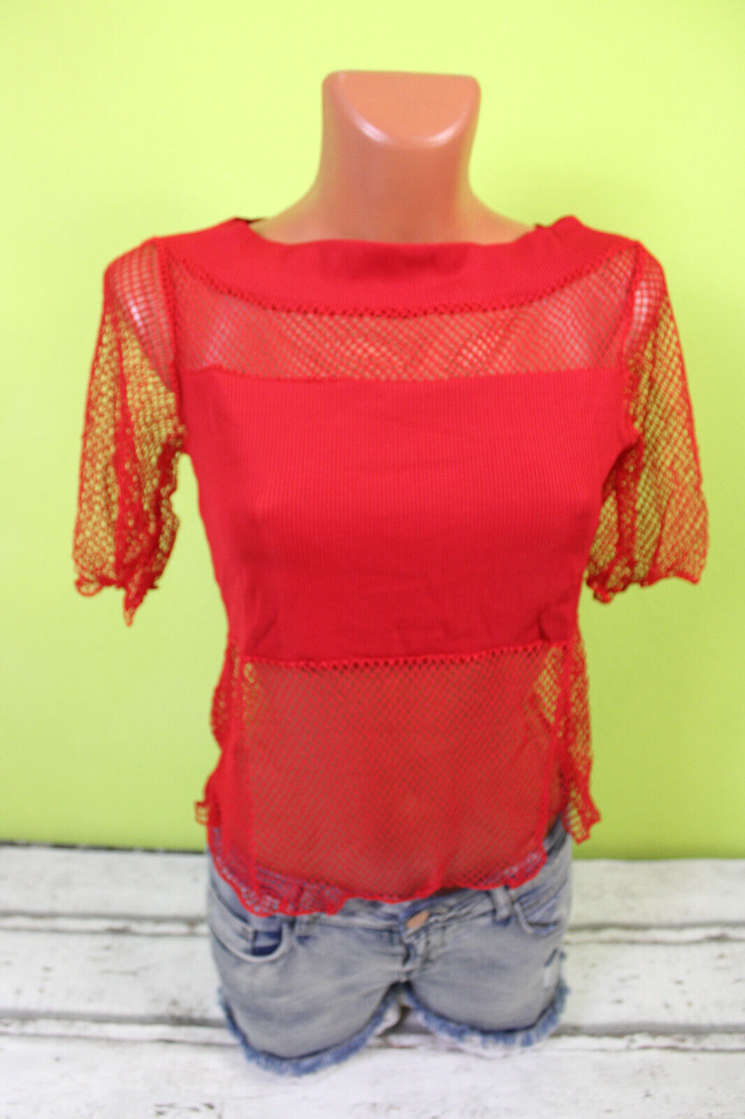 kurzes Netzshirt M 38 Shirt kurzarm Netz bauchfrei T-Shirt durchsichtig rot