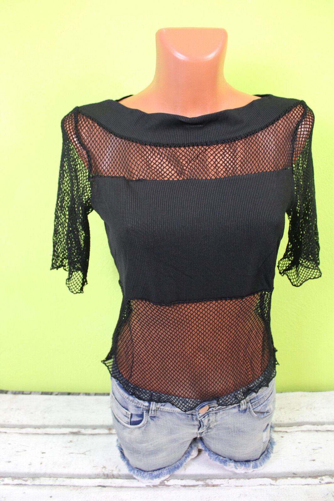 kurz Netzshirt S 36/38 Shirt kurzarm Netz bauchfrei T-Shirt durchsichtig schwarz