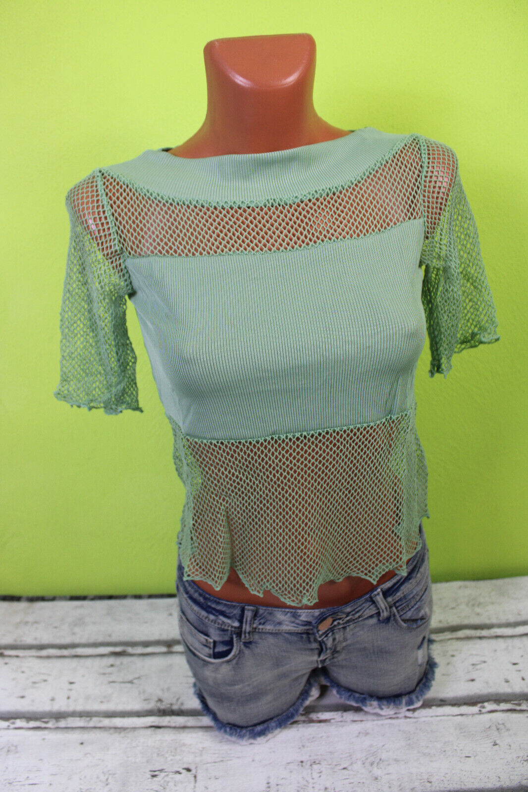 kurzes Netzshirt M 38 Shirt kurzarm Netz bauchfrei T-Shirt durchsichtig grün