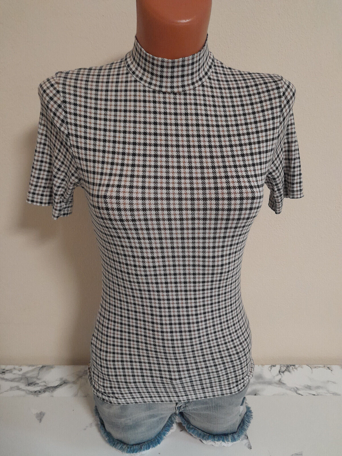 Amisu Stretchshirt XS 34 kurzarm Shirt T-Shirt stretchig kariert Stehkragen