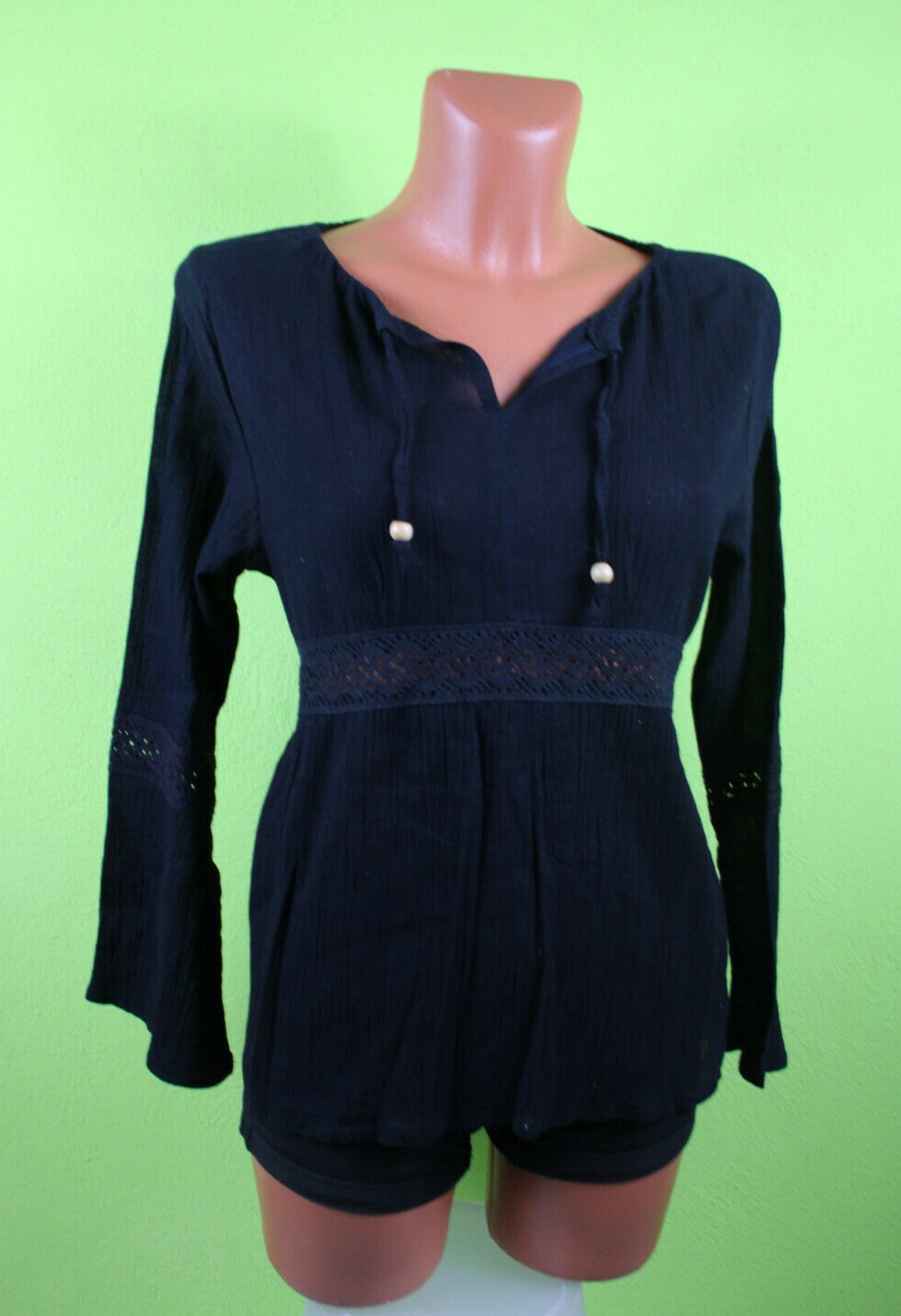 Box#1 Shile Blusenshirt T-Shirt Crinkle S 36/38 Shirt schwarz Langarmshirt