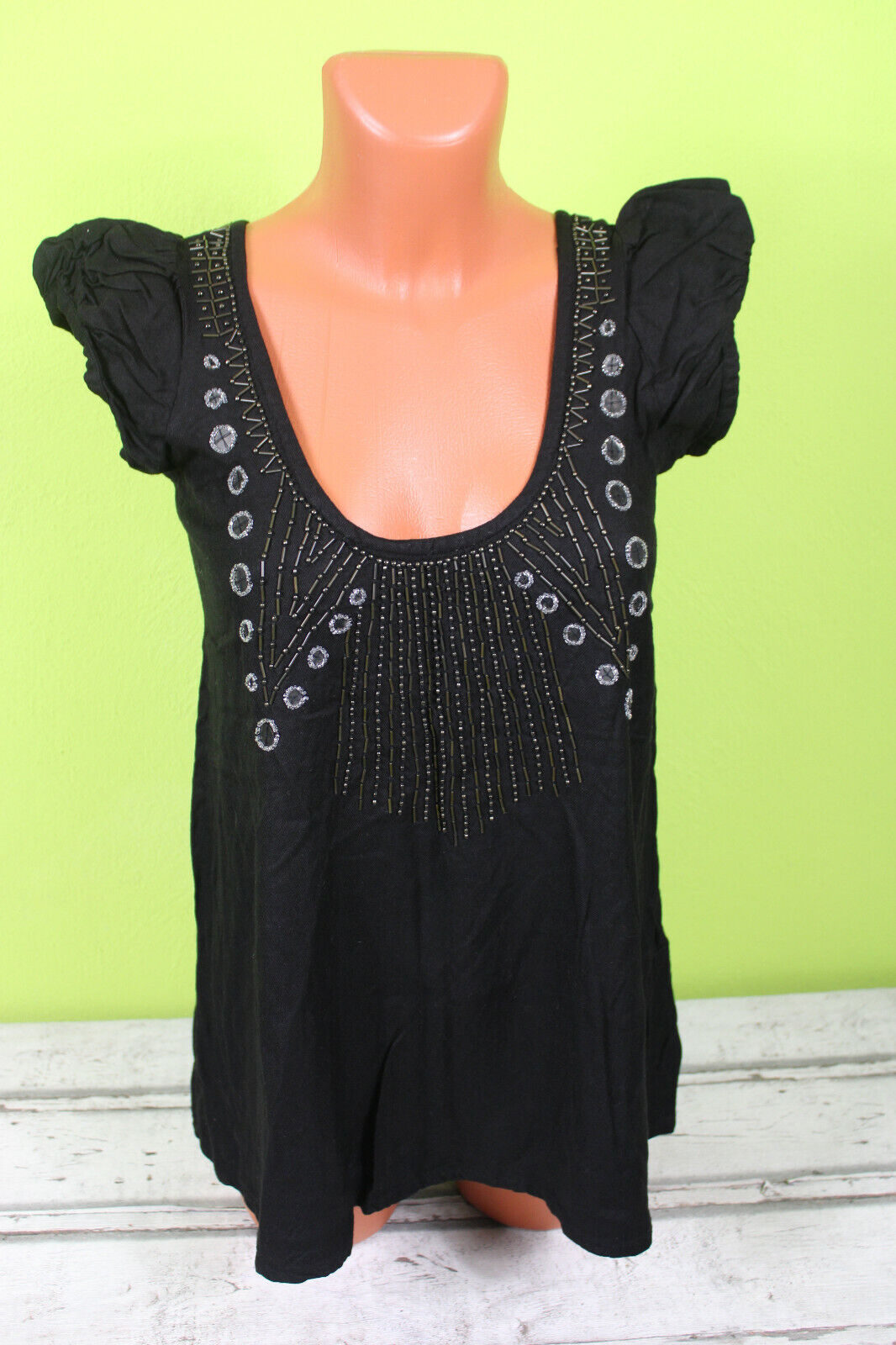 Box#111 Antik Batik Shirt S 36 schwarz Kurzarmshirt kurzarm mit Metall Tunika