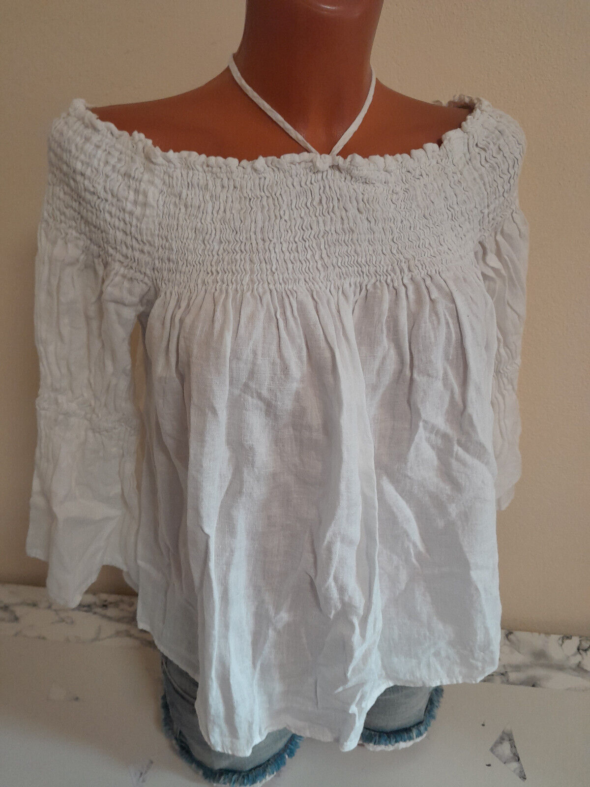 Box#14 zara Bluse M 40 schulterfrei Shirt langarm Blusenshirt Leinen weiß