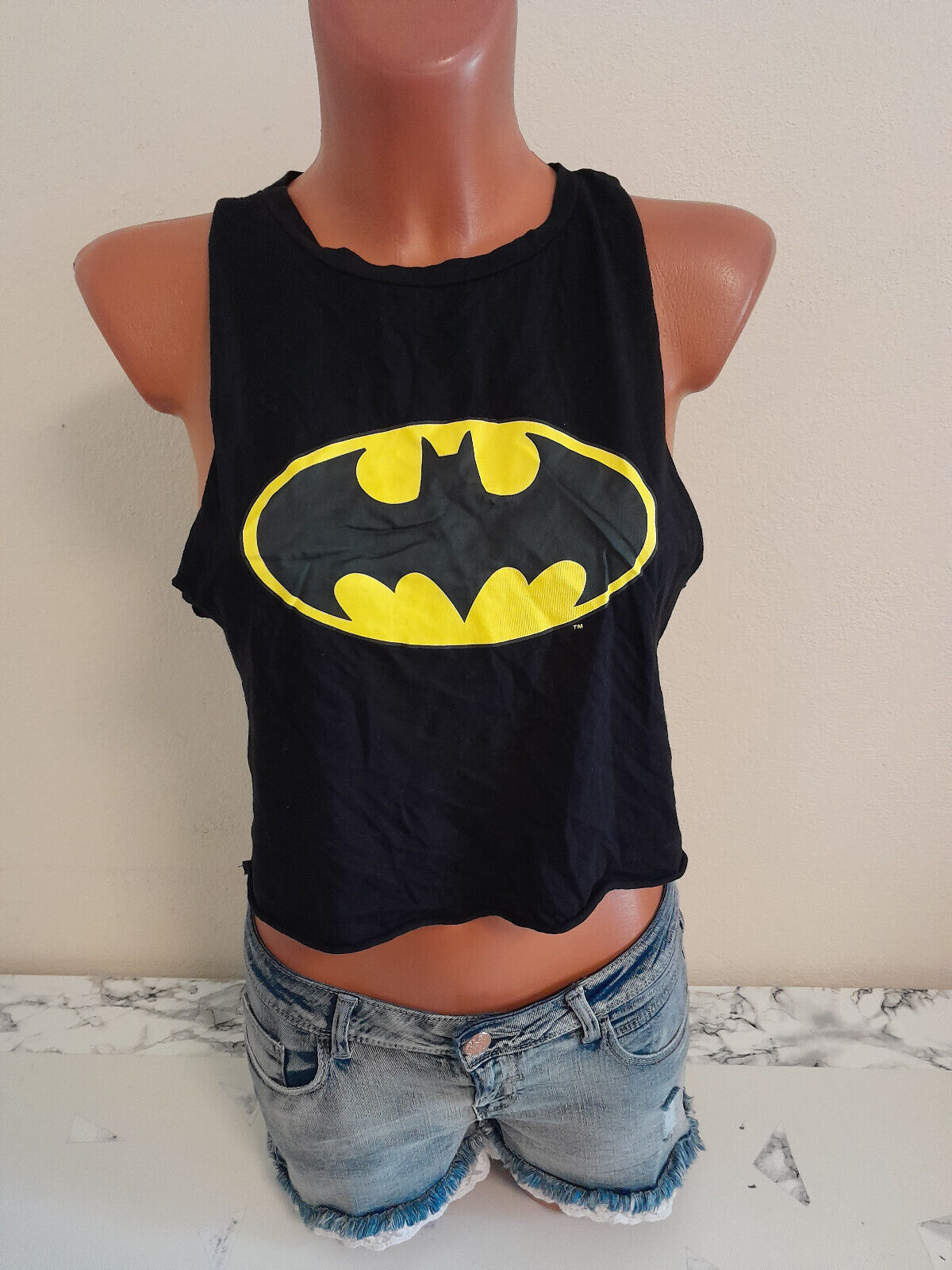 Box#16 Divided Shirt XS 34 bauchfrei Batman Druck schwarz Tank Top kurz Tanktop