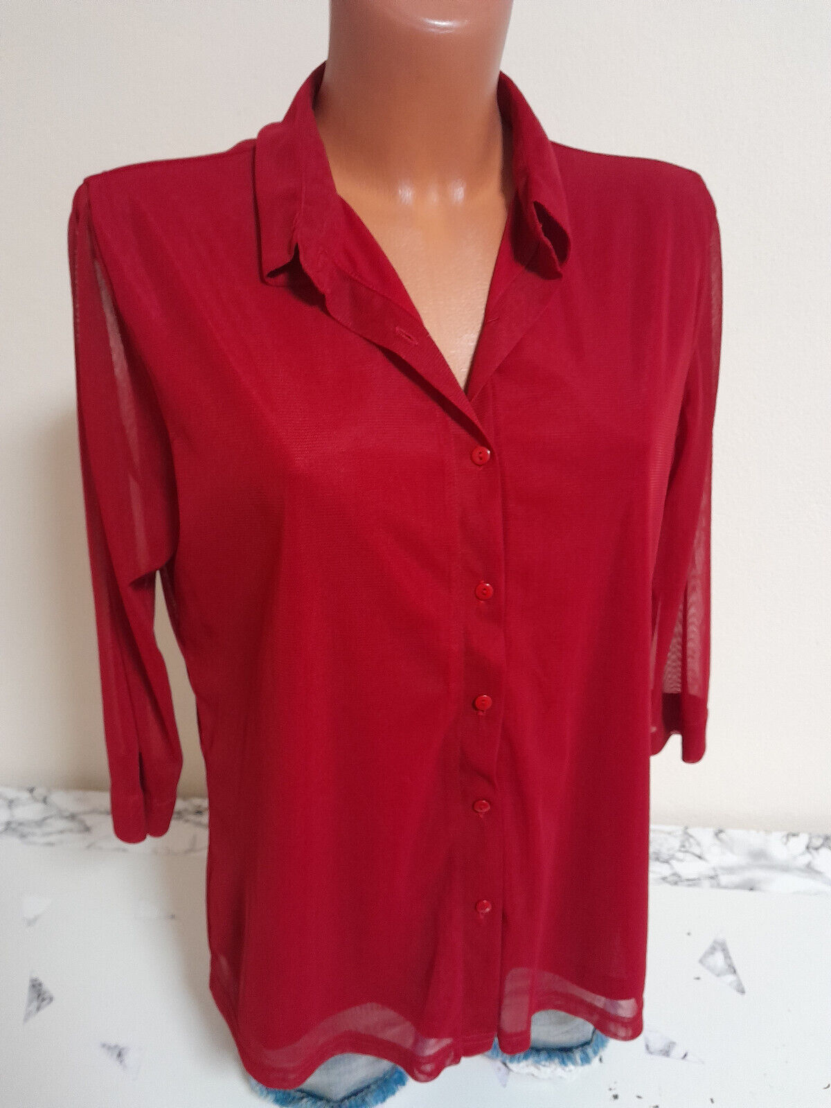 Box#22 Biaggini Bluse L 42/44 3/4-Arm Hemdbluse Netzbluse rot Netz Damen