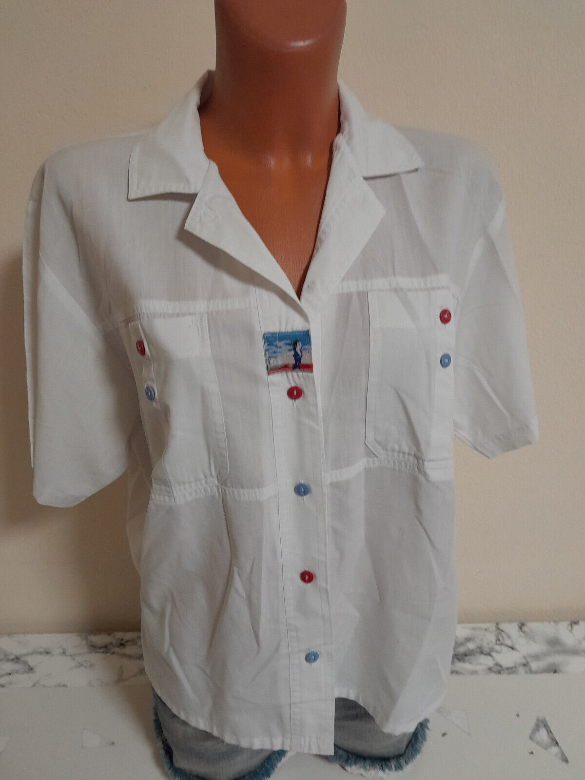 Box#22 Vintage alte Bluse M 40 kurzarm Hemdbluse Damenbluse weiß Damen