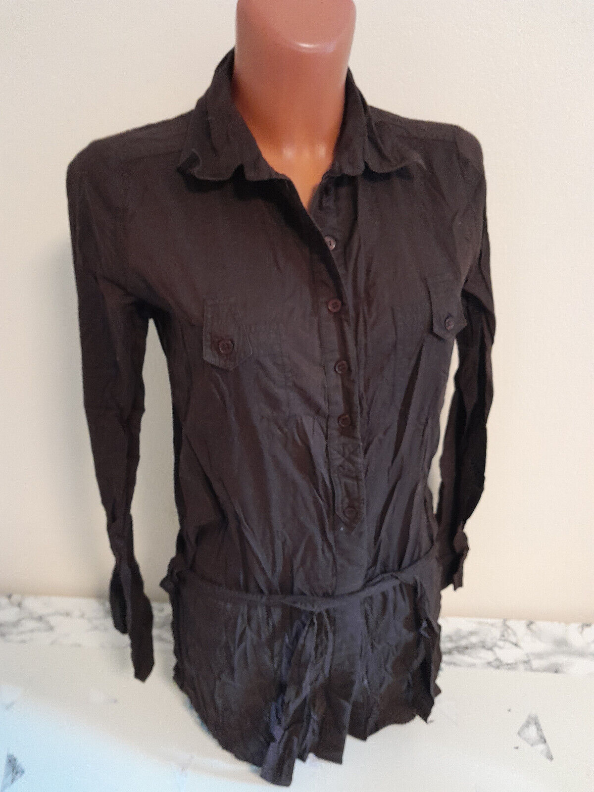 Box#27 Amisu Bluse M 38/40 langarm Hemdbluse Damenbluse braun Damen mit Gürtel