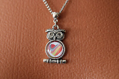 Modeschmuck zarte Kette Edelstahl mit Eulen Anhänger Rarität Glas Cabochon Herz