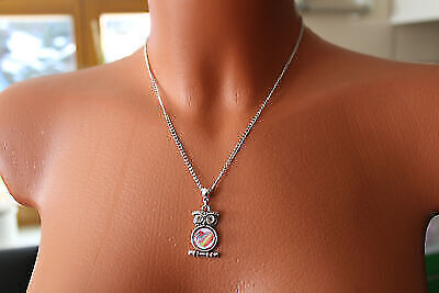 Modeschmuck zarte Kette Edelstahl mit Eulen Anhänger Rarität Glas Cabochon Herz – Bild 3